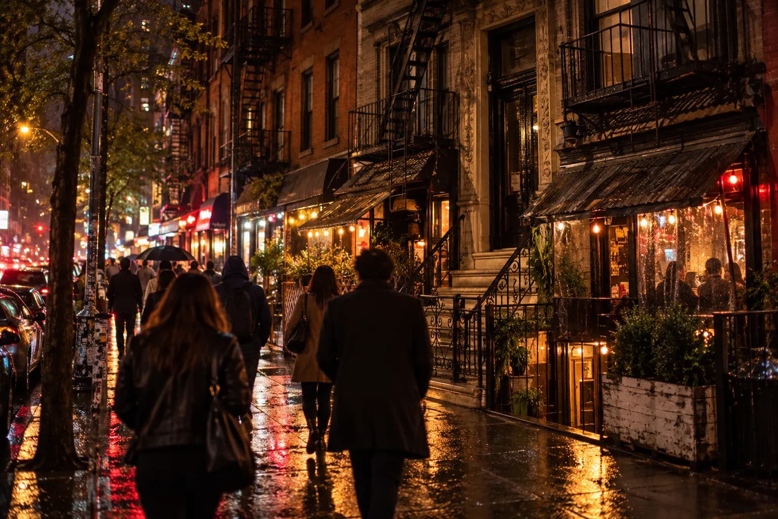 A narrow Manhattan street late at night, light spilling from small frontages onto wet pavement with blurred figures moving away from camera