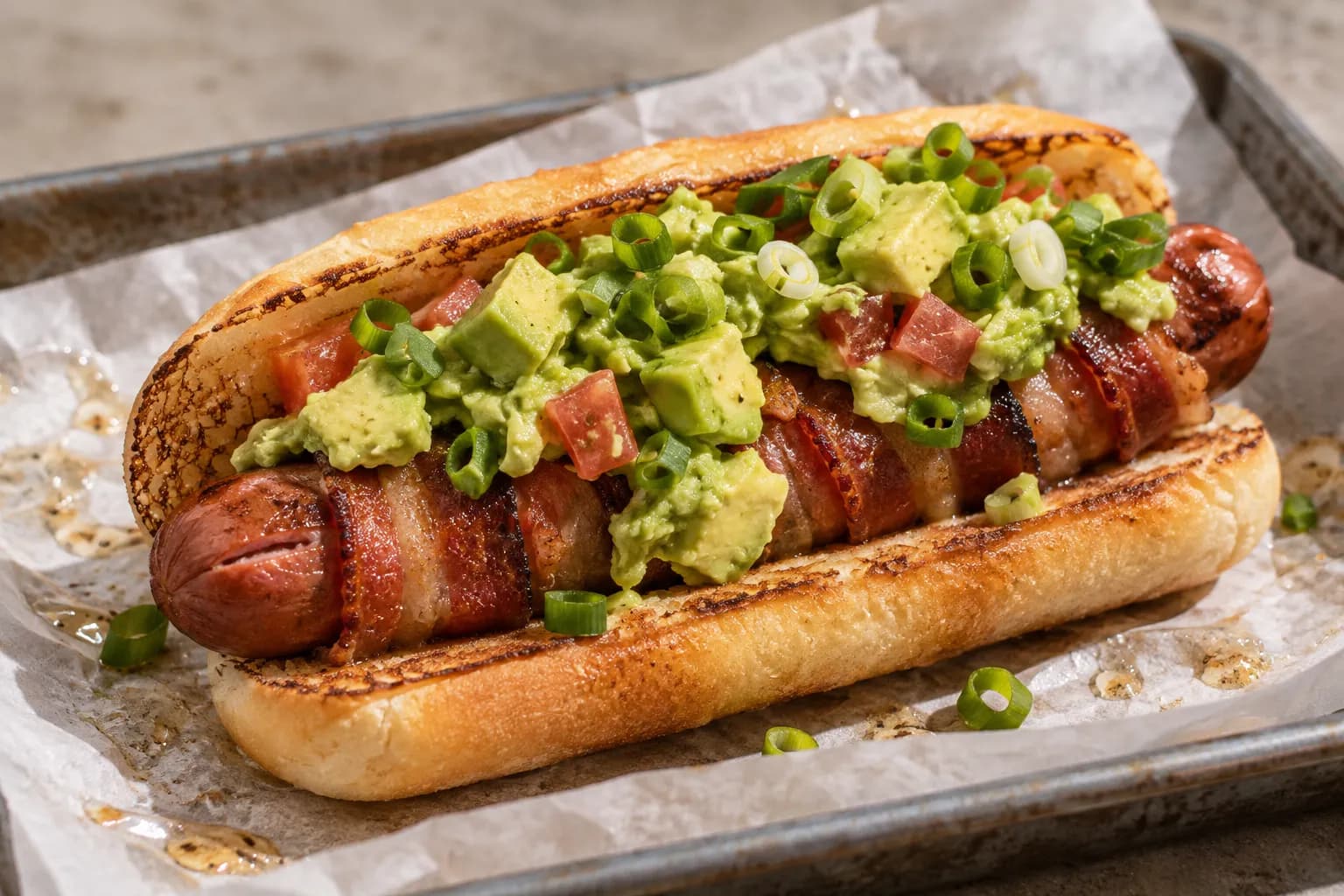 A bacon-wrapped deep-fried hot dog in a soft bun on a paper-lined tray, loaded with avocado and chopped scallion under hard counter light