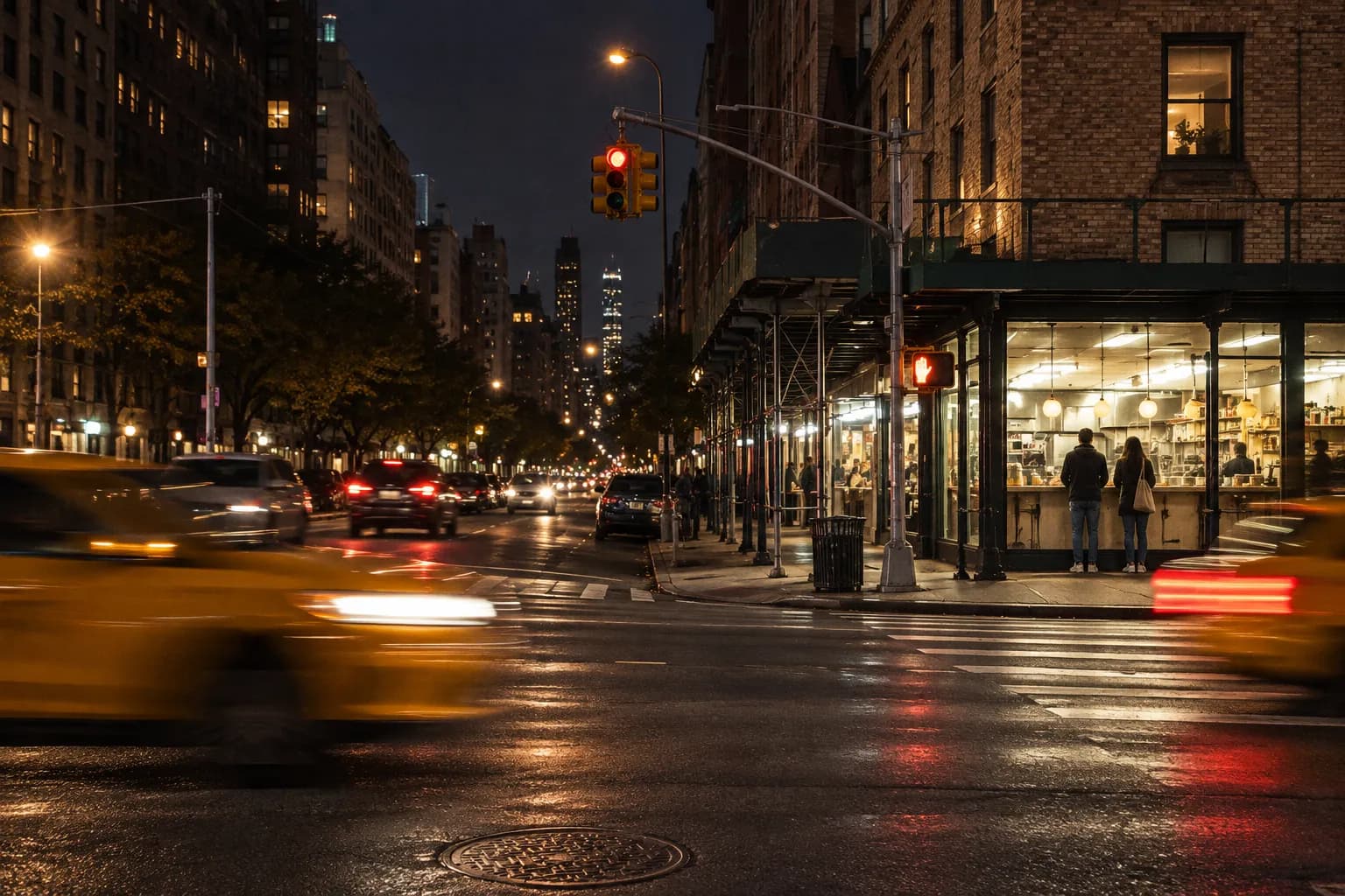 A brightly lit Manhattan corner counter shop seen from across the avenue at night, two figures at a window shelf and passing light streaks
