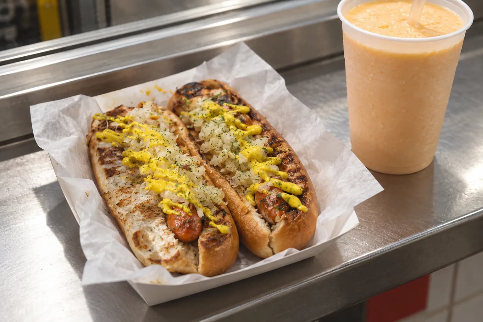 Two small griddled hot dogs with mustard and sauerkraut on a paper tray beside a tall waxed cup of thick pale orange drink on a steel shelf