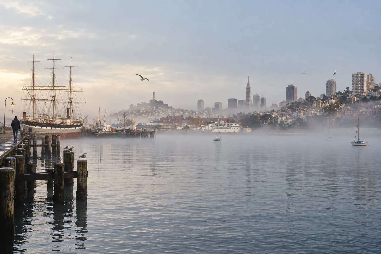 A working harbour early in the morning with fishing boats at their moorings, low mist over the water and gulls on the timber pilings