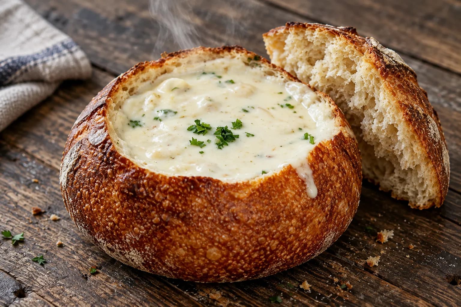 A round dark-crusted sourdough loaf with its top cut away and filled with thick pale chowder, the cut lid resting beside it, steam rising