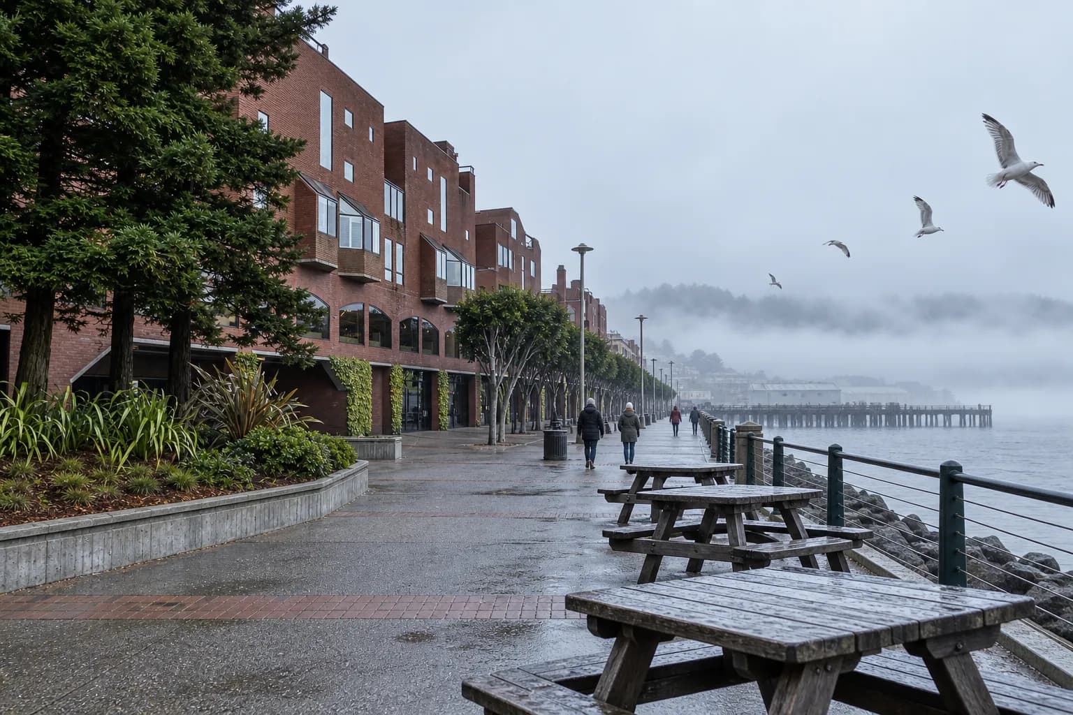 A wide waterfront promenade in cold bright light with fog low over the bay, empty wooden picnic tables in the foreground and distant walkers