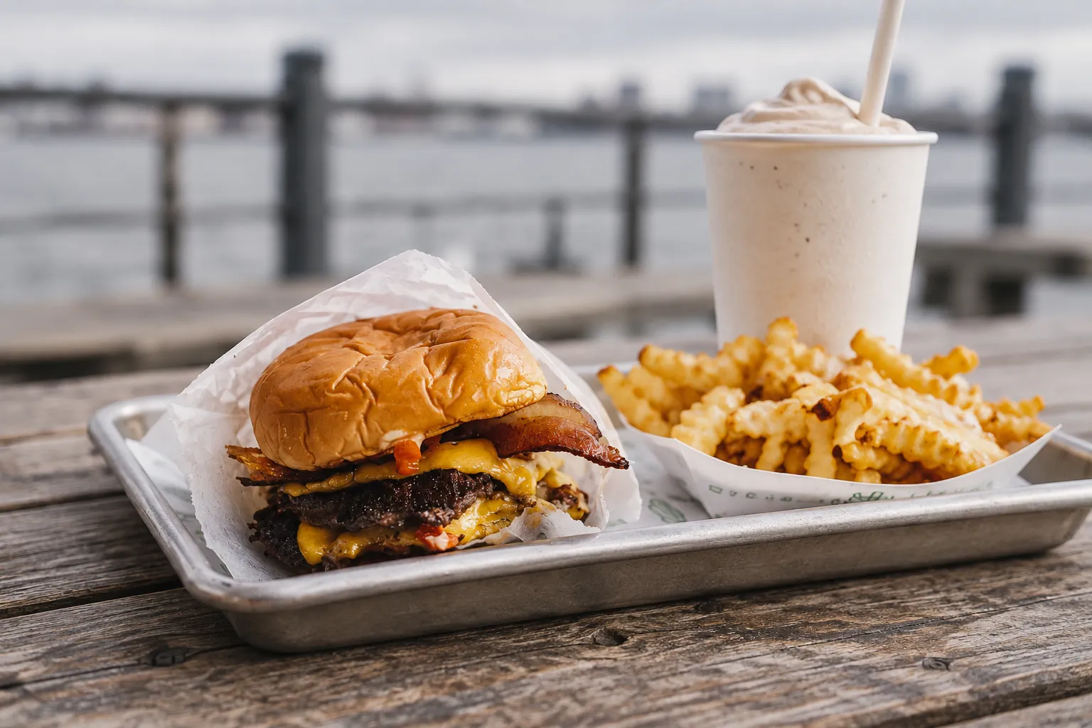 A thin griddled cheeseburger half-unwrapped on a metal tray on a weathered picnic table with a thick shake beside it, grey water blurred behind