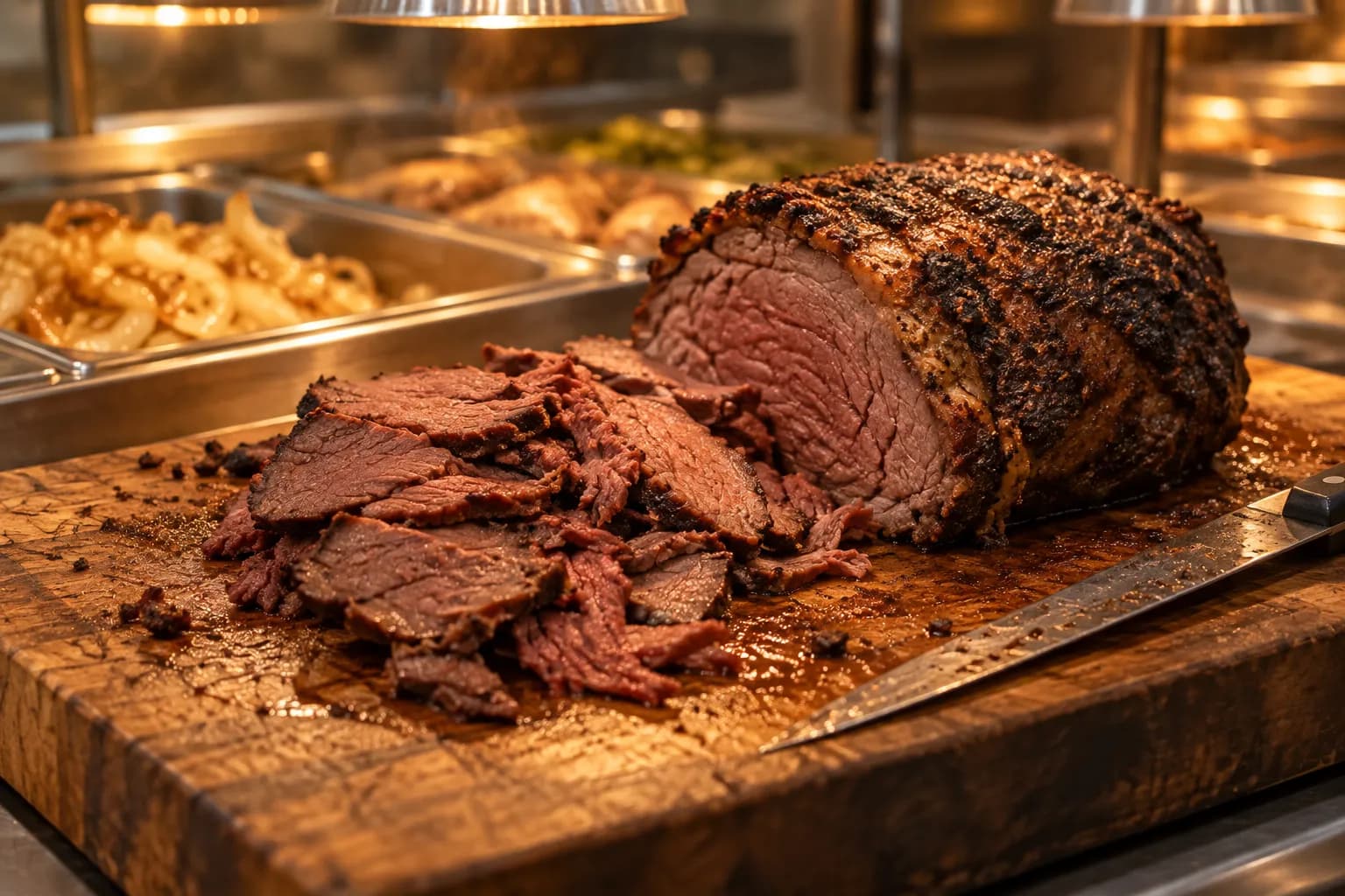 A large dark-crusted roast on a scarred wooden carving board under a heat lamp, slices fanned to one side and a long knife resting nearby