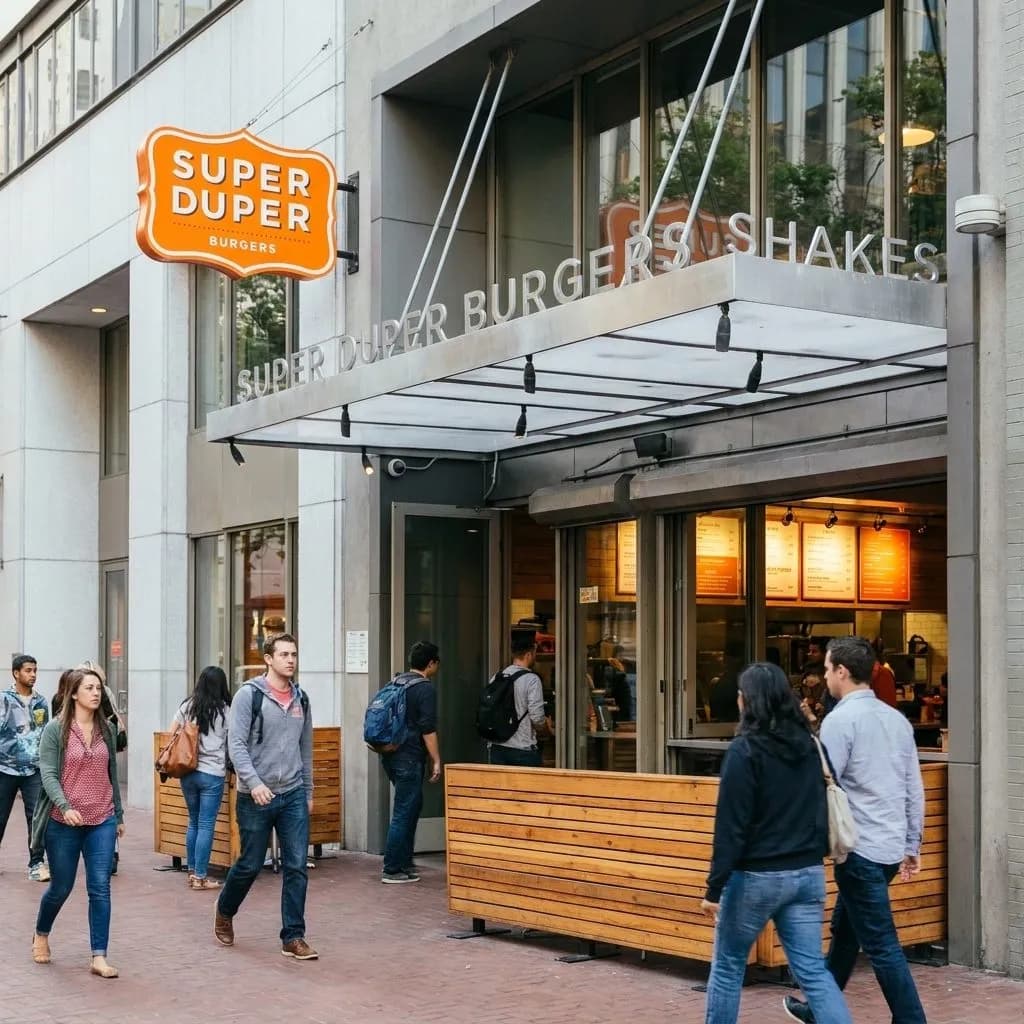 Counter-service burger spot on a San Francisco street with people moving past at lunch hour
