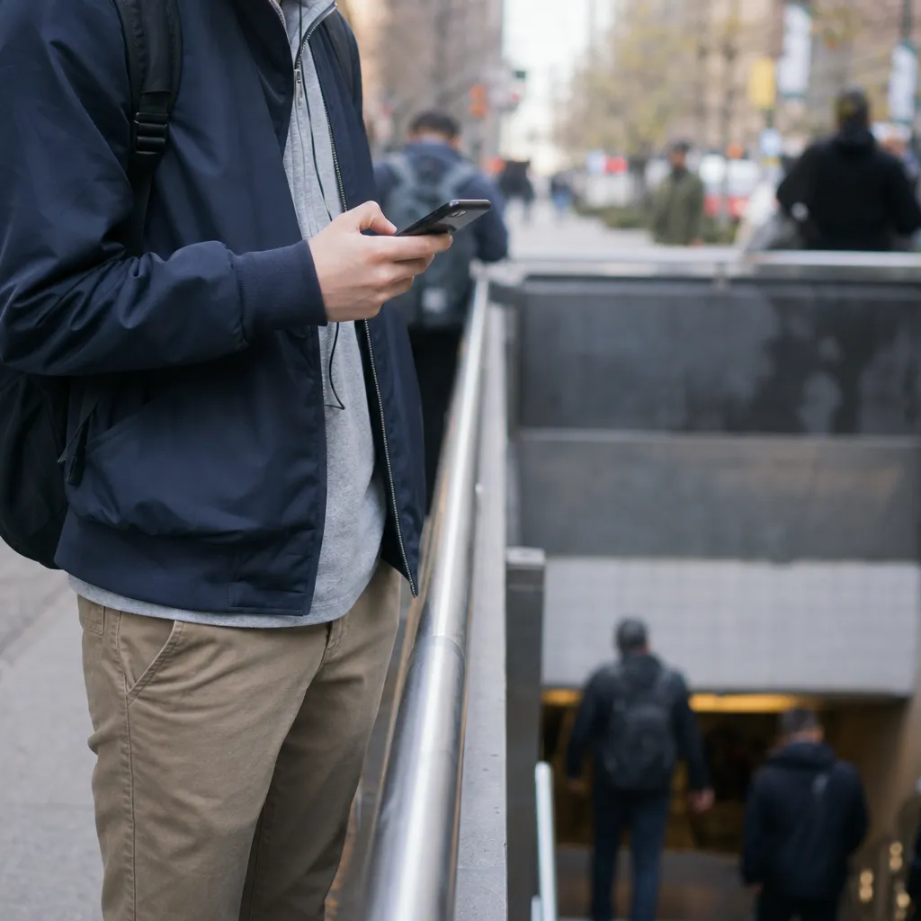 A student checking a phone near a subway stair before class