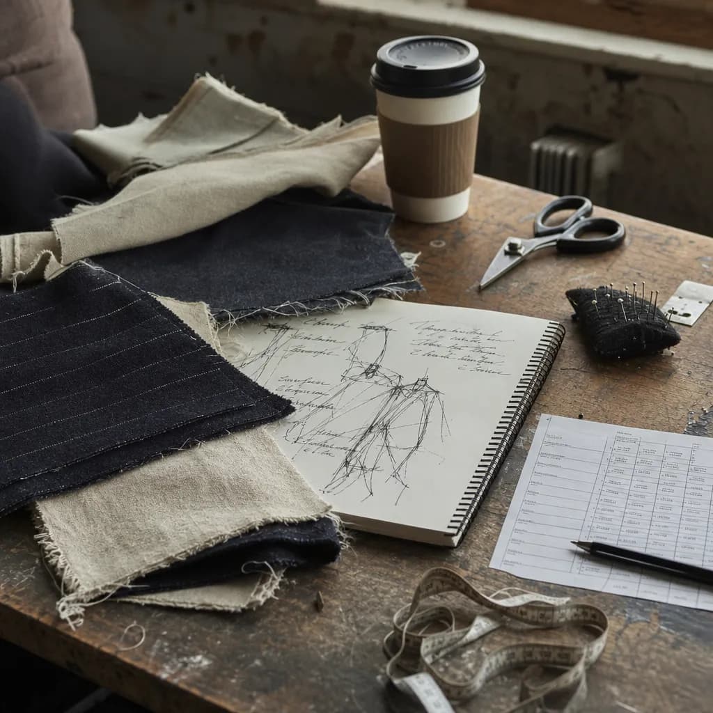 A fashion student desk with swatches, coffee, and a class schedule