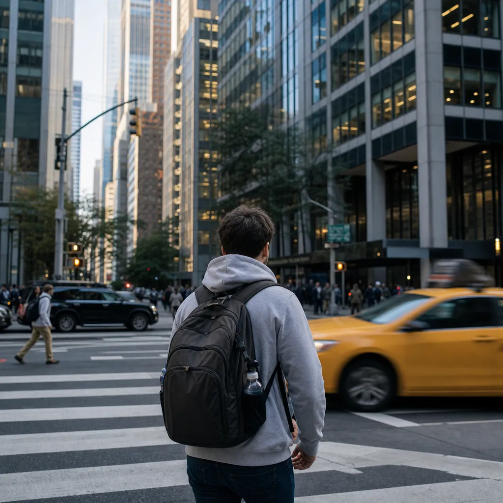 A downtown campus errand route with backpack, crosswalk, and office towers