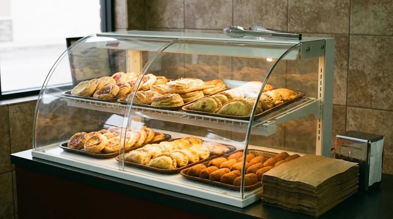 A bakery display case filled with trays of golden pastries under warm light, tongs resting on the top of the case and a stack of paper bags beside it
