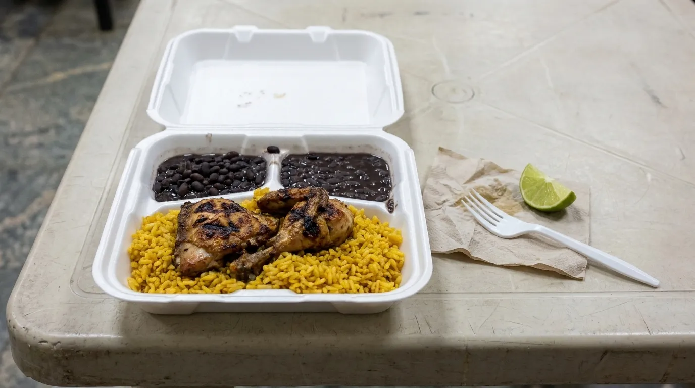 A takeaway container of grilled chicken, yellow rice and black beans with a wedge of lime, set on a plastic table under bright light