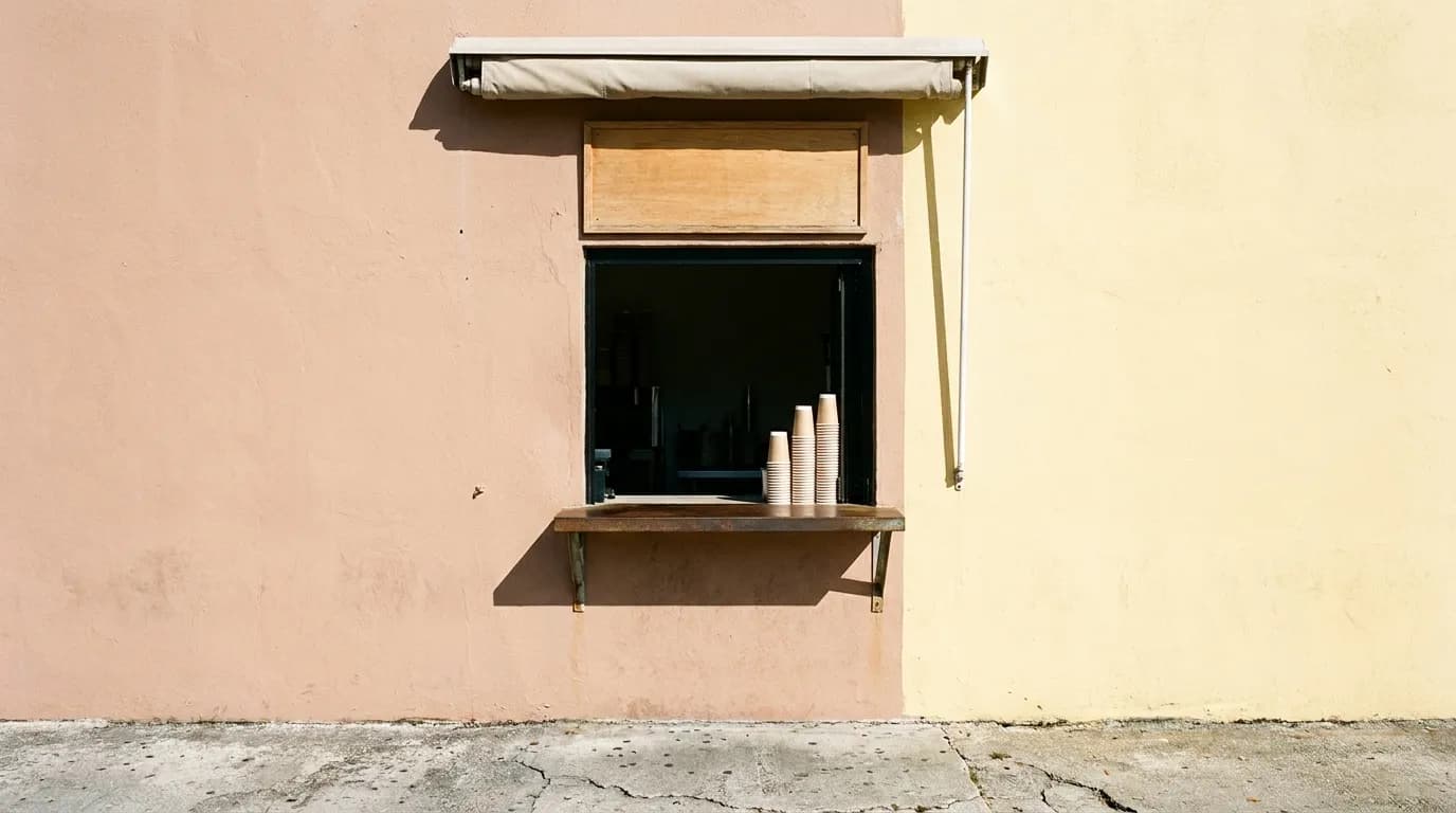 A walk-up window set into a pastel building wall with a narrow counter ledge, a menu board above it and a queue rail painted on the pavement below