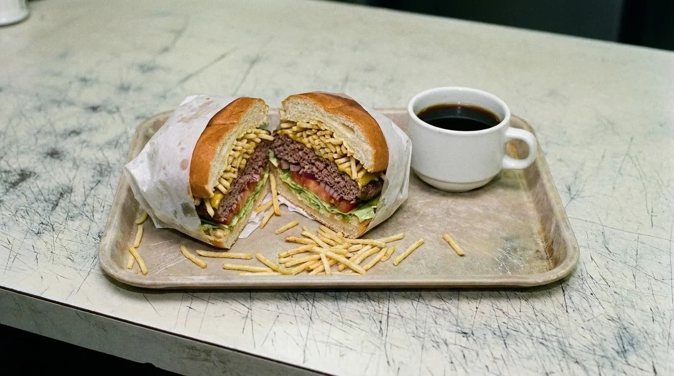 A paper-wrapped burger cut open on a tray showing shoestring potatoes packed inside, beside a small cup of café cubano on a laminate counter
