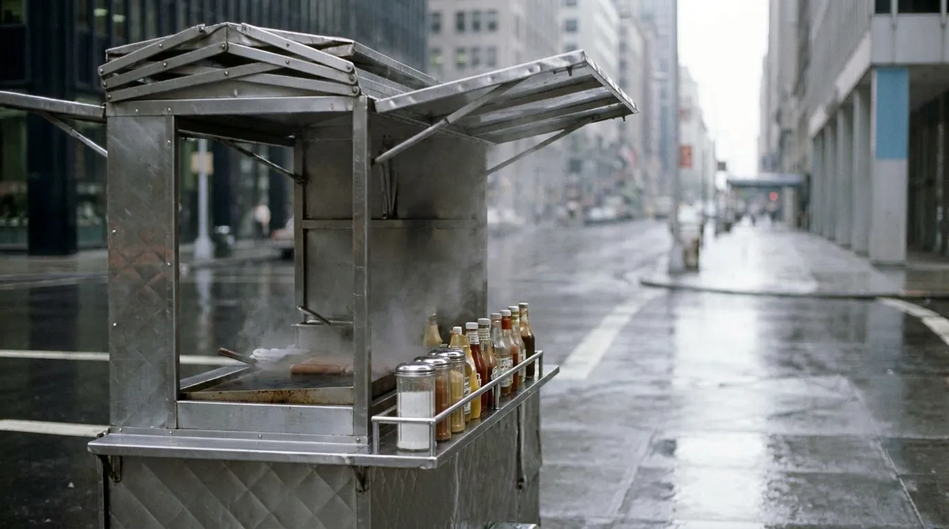 A stainless street food cart on a city corner with its serving hatch open and steam rising from the griddle, tall buildings receding behind it