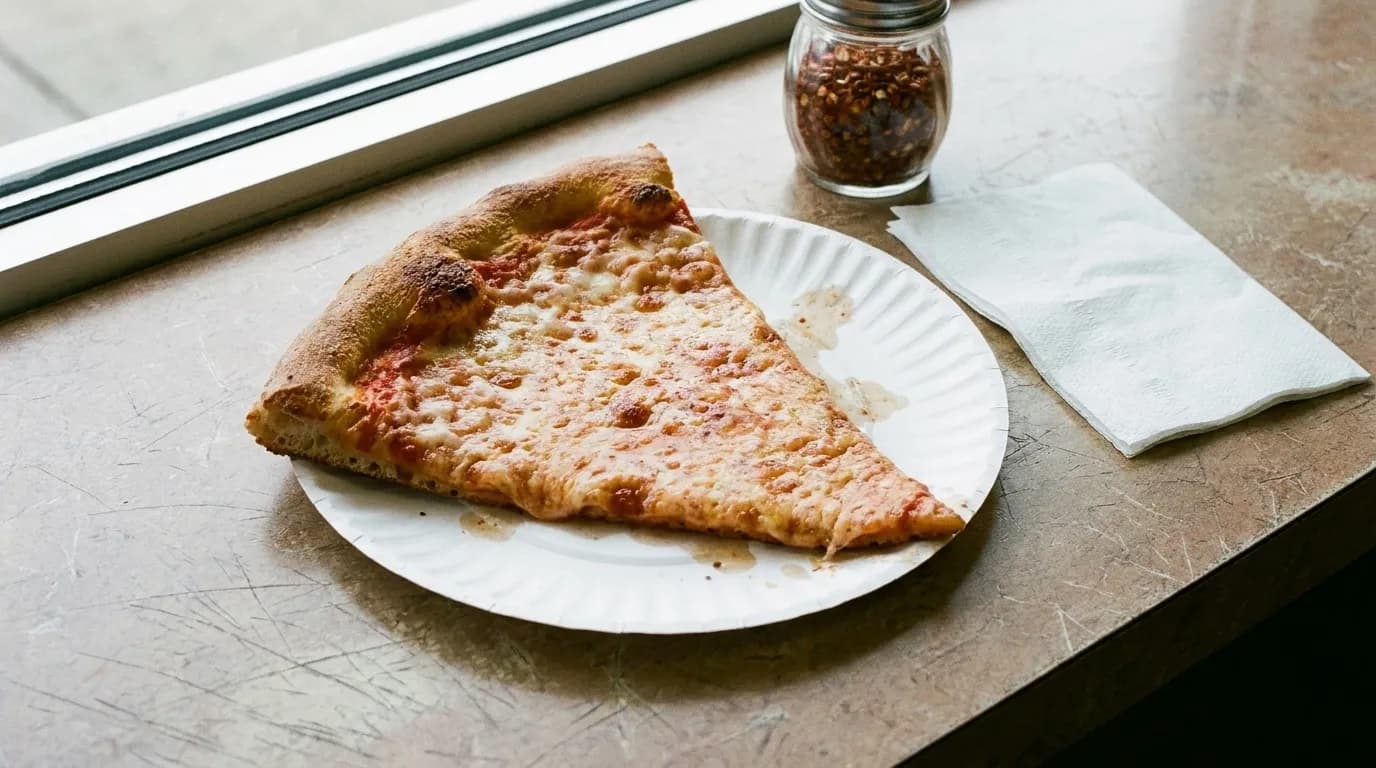A single plain pizza slice on a paper plate on a narrow standing counter, grease spots on the paper and a folded napkin beside it