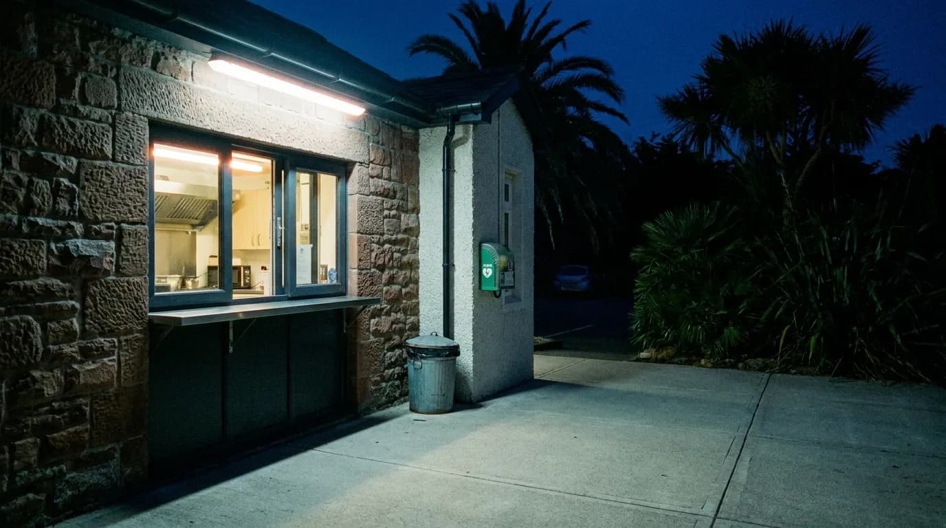 A lit takeaway window on a quiet street at night with an empty pavement in front of it