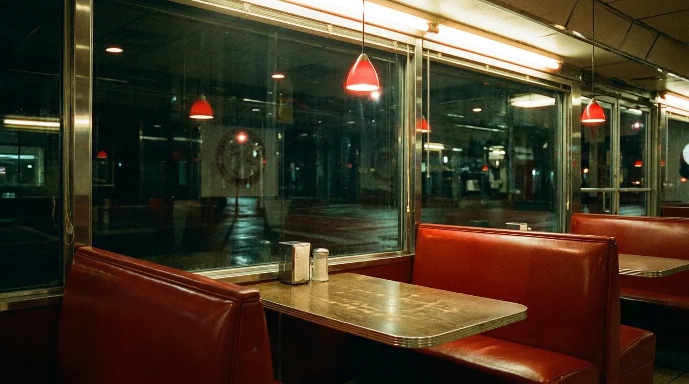 An empty diner booth beside a window at night, chrome trim and a napkin dispenser on the table