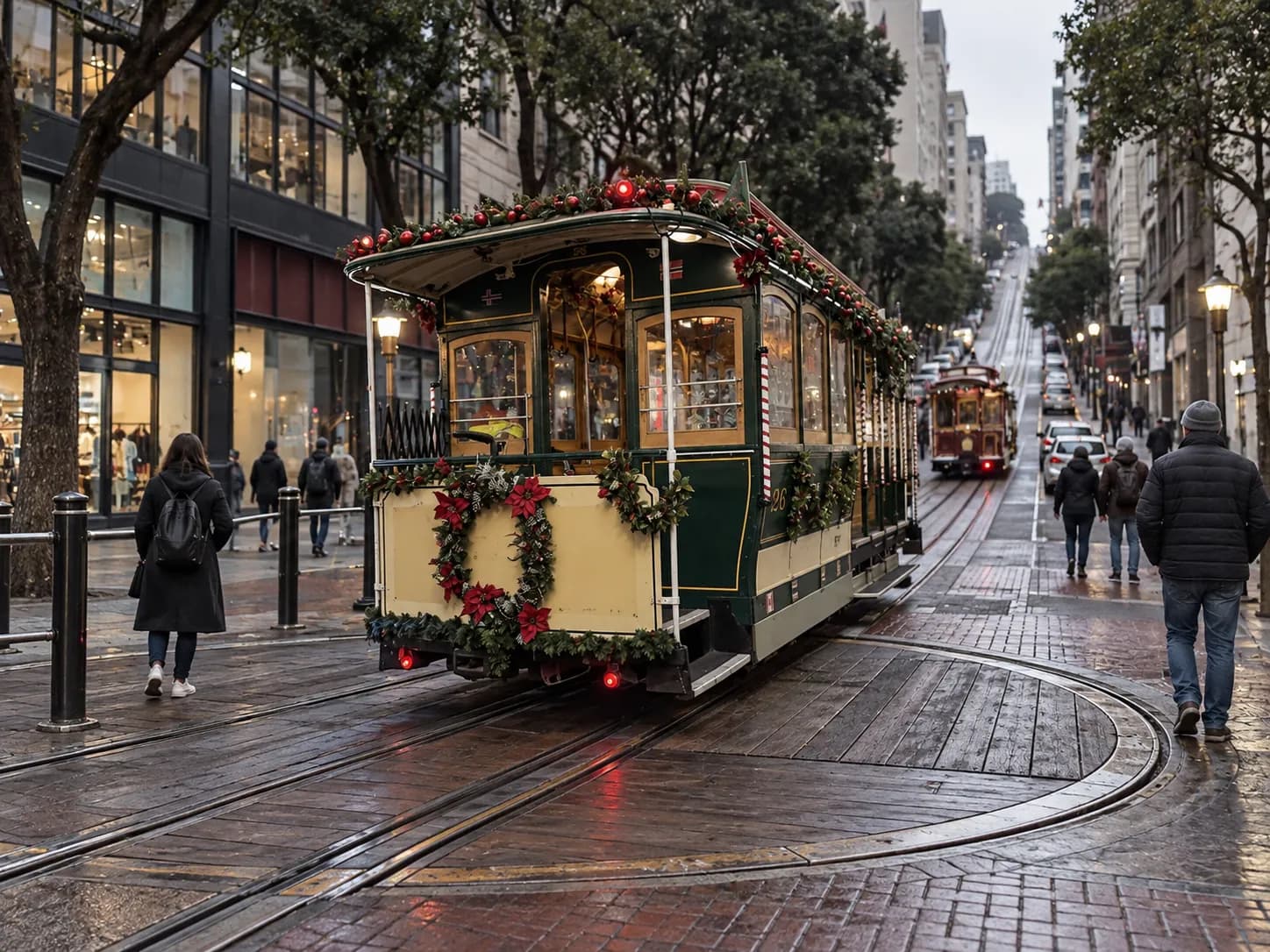 City street terminating at a cable car turntable with a wooden cable car, a steep street rising behind and tram tracks in the roadway