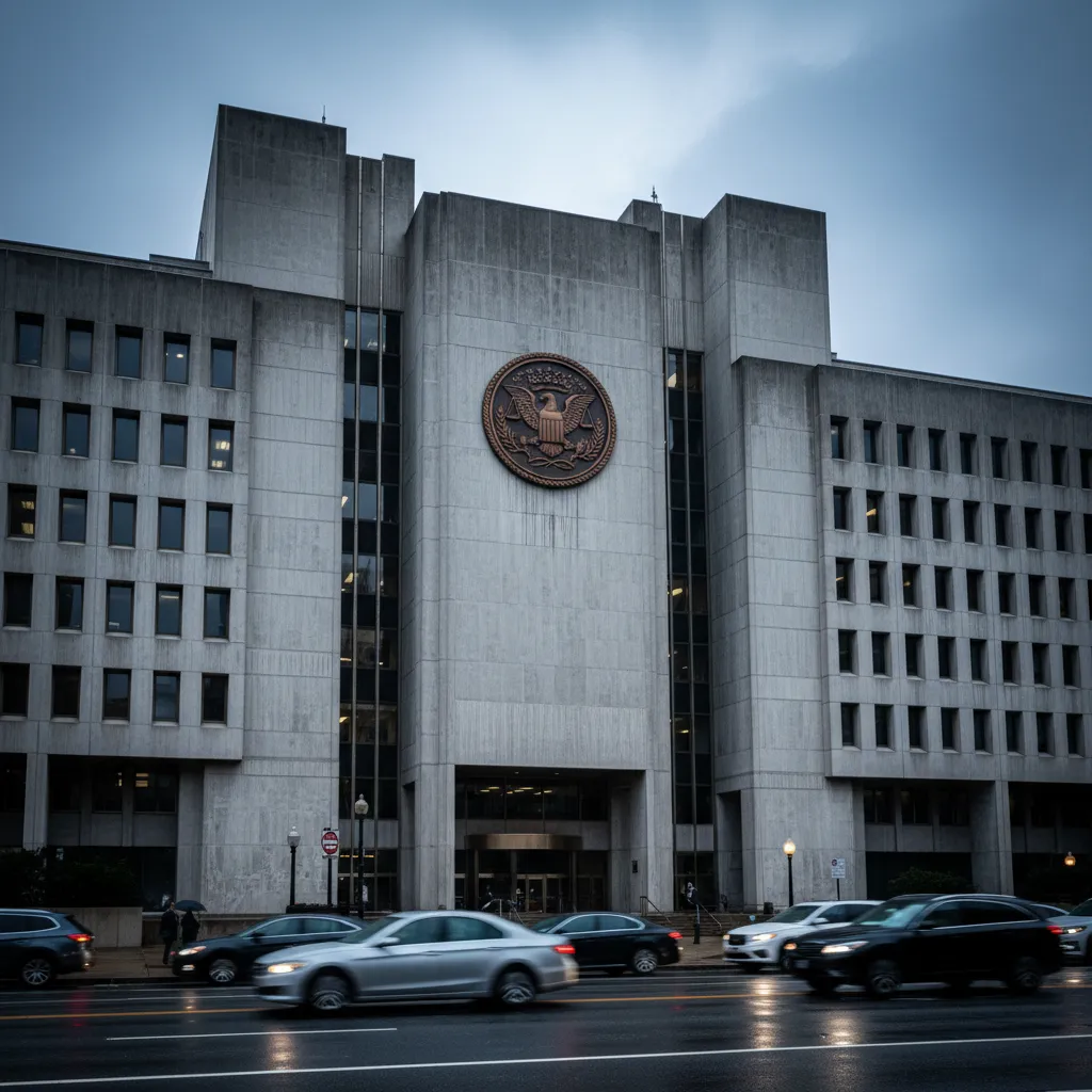 FBI headquarters building in Washington DC under overcast skies