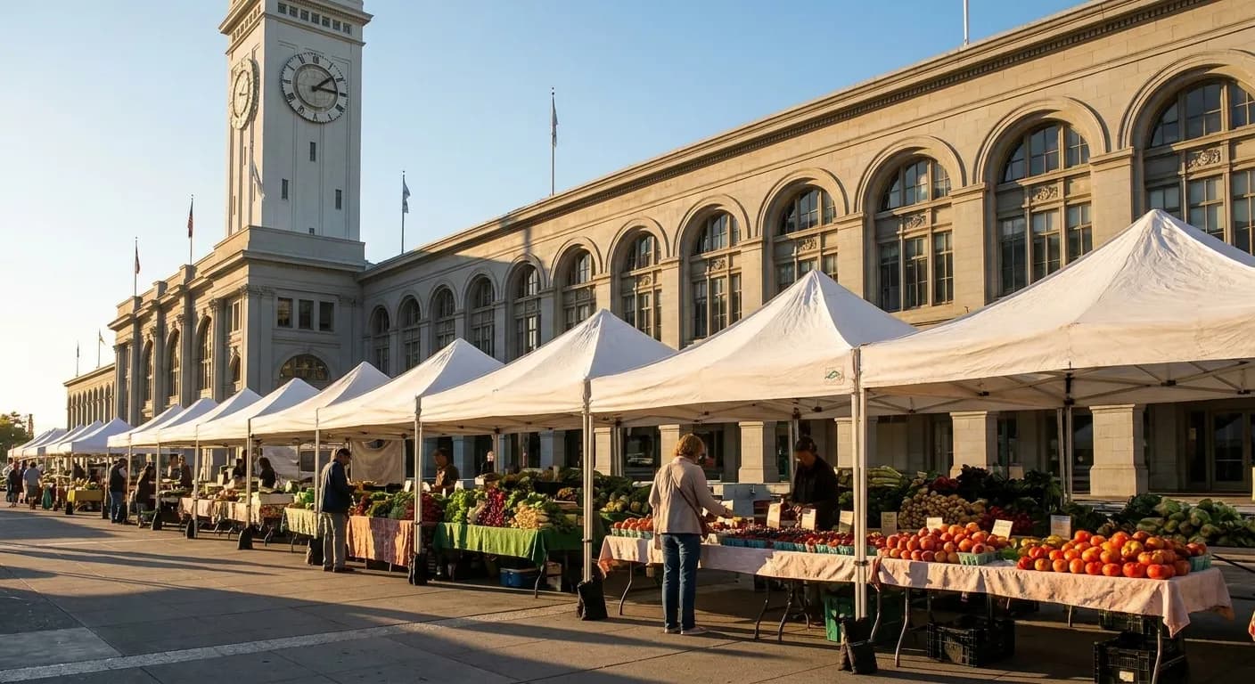 Outdoor farmers market stalls lined up along the Embarcadero in front of the Ferry Building clocktower, with produce displays under white tents