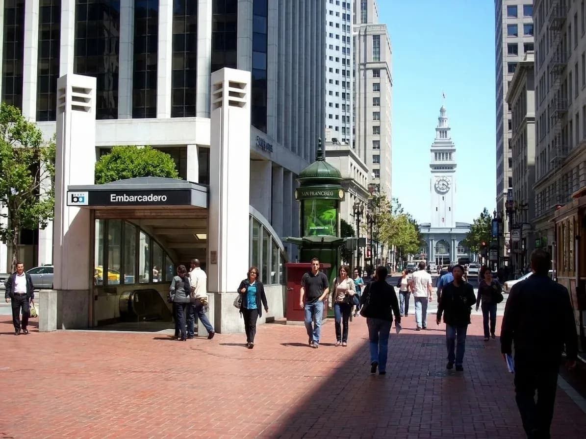 Embarcadero BART station entrance on Market Street with the station's distinctive pylons and signage, one block from the Ferry Building