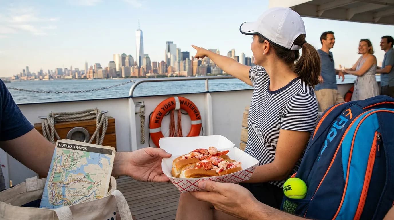 Photorealistic tennis scene illustrating Ferry and Skyline Ideas Before US Open Tennis.