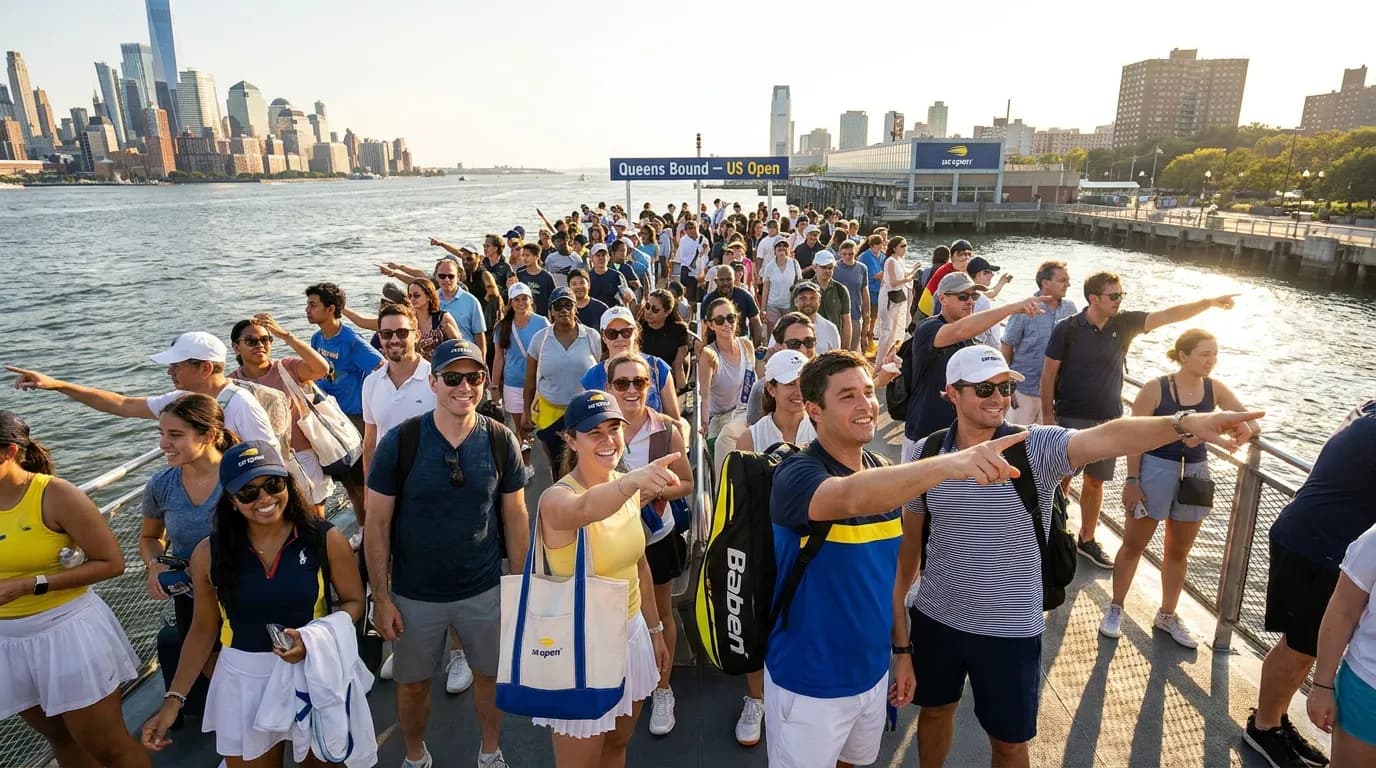 Bright US Open tennis atmosphere illustrating Ferry and Skyline Ideas Before US Open Tennis.