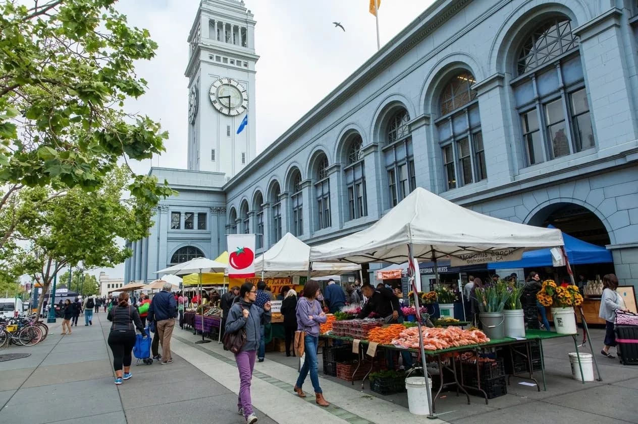 Saturday farmers market activity near the Ferry Building on the San Francisco waterfront
