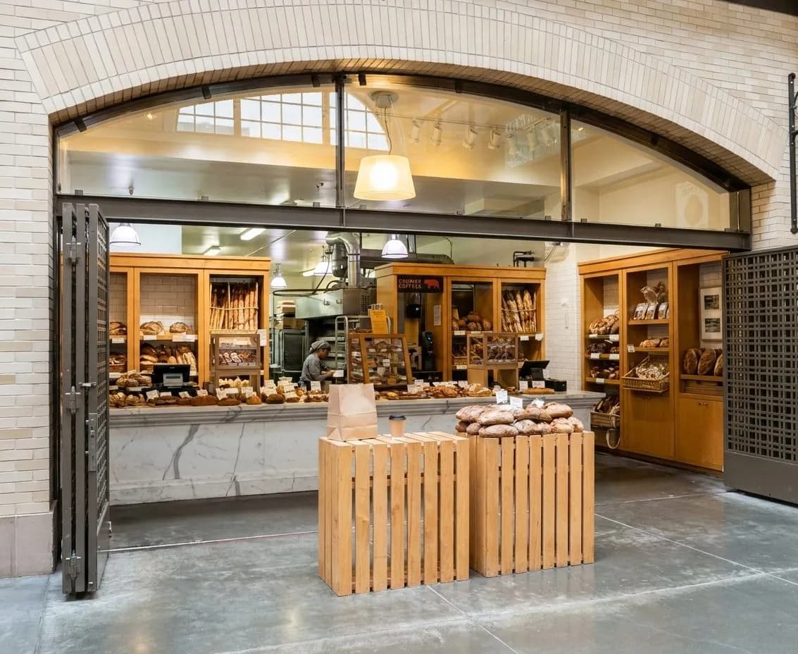 Bread and coffee arranged for a waterfront food crawl in San Francisco