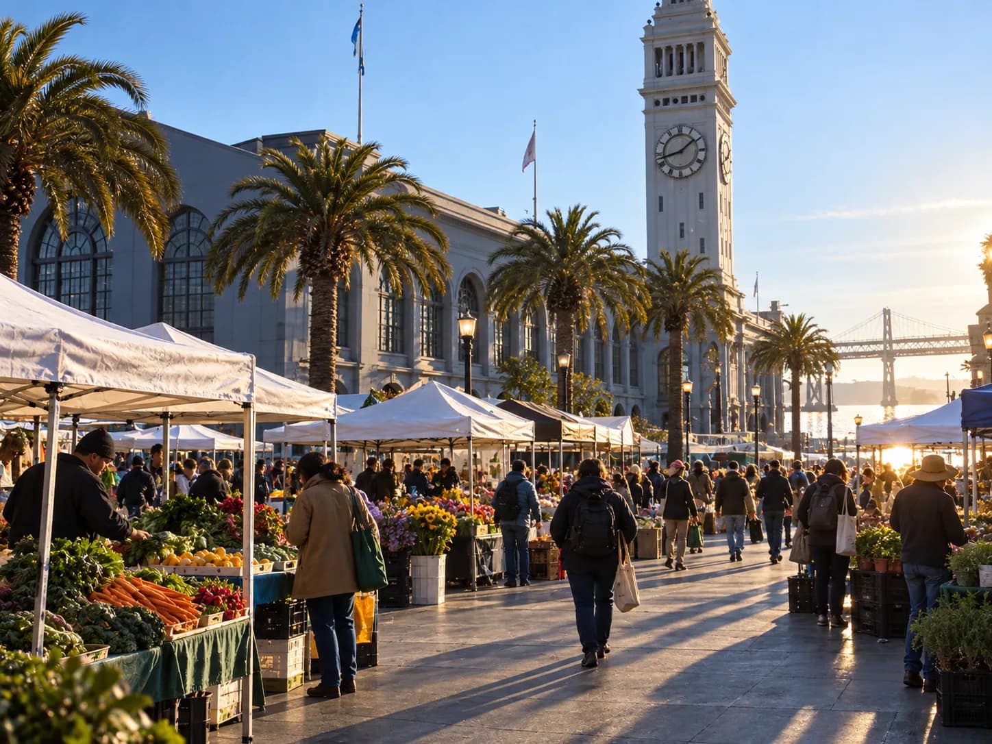 Grand waterfront market building with a tall clock tower seen from the plaza, palm trees along the promenade and canopied market stalls set up along the frontage in low morning light