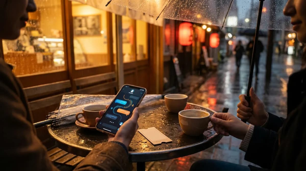 Rainy night-out backup scene with friends, coffee, umbrella, blank ticket, and abstract local assistant phone UI