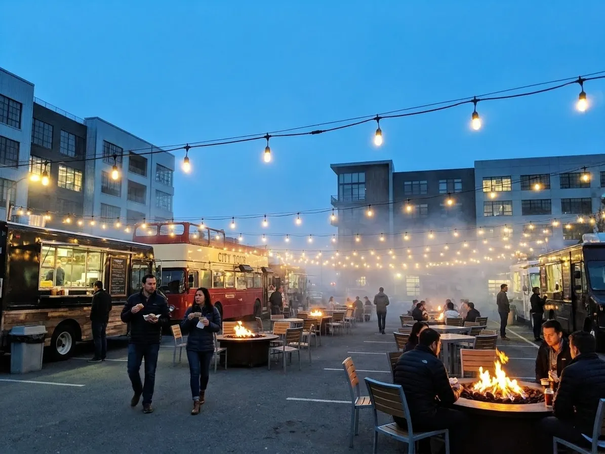 Outdoor food truck park with fire pits and seating at Spark Social SF in Mission Bay, San Francisco