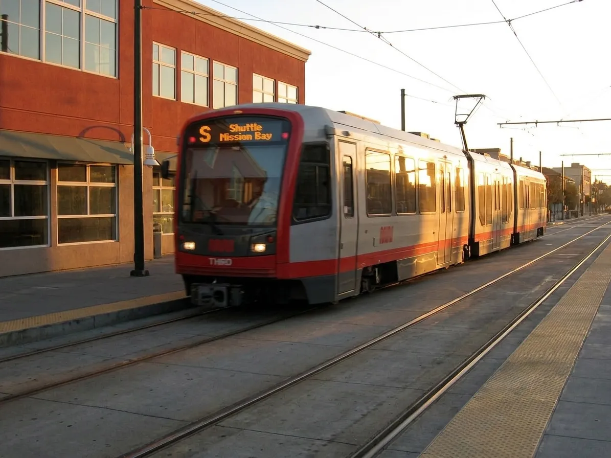 Muni T Third light rail train at platform in San Francisco