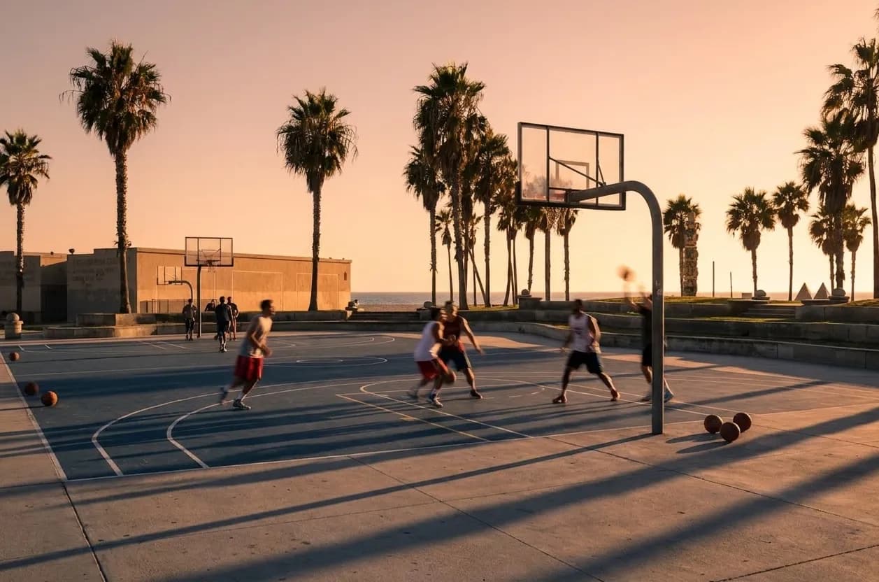 Basketball courts along Ocean Front Walk with Pacific Ocean and palm trees in background