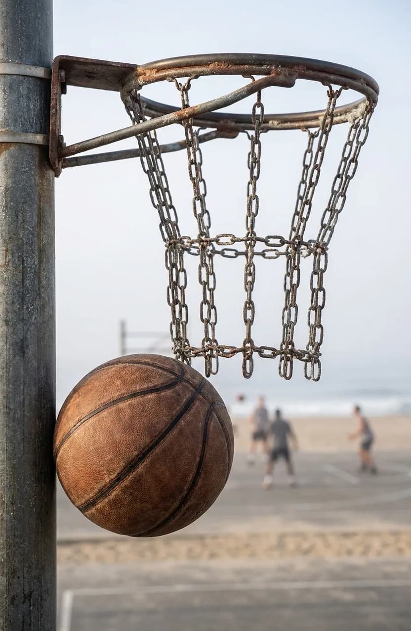 Close-up of weathered basketball and chain net on outdoor double rim