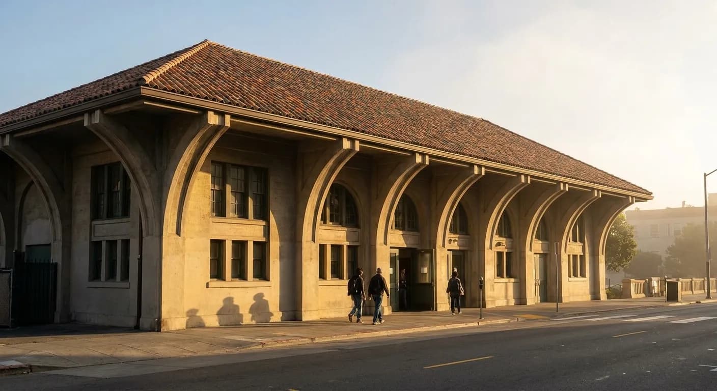 Kezar Pavilion's neo-Romanesque concrete facade with arching roof corbels and multi-tone clay tile roof at dusk in San Francisco's Haight district