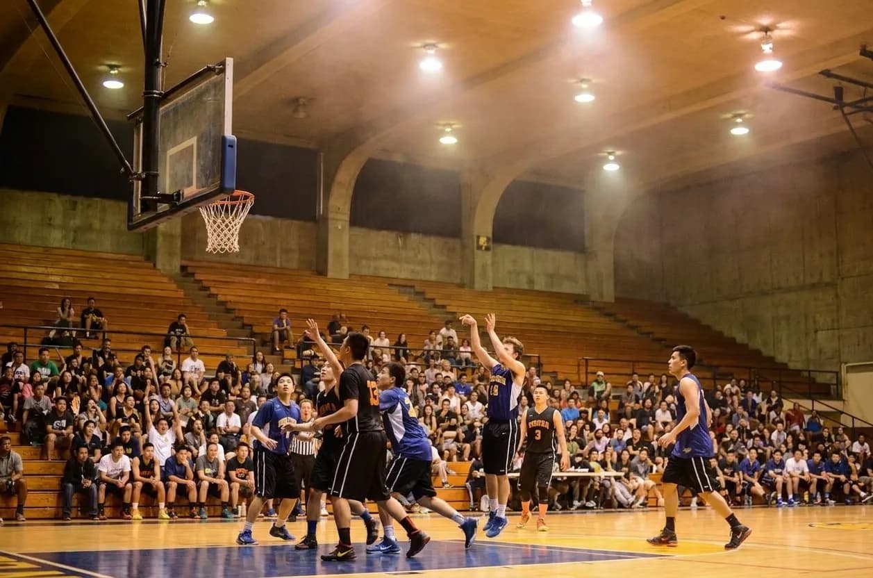 Sprung hardwood basketball court inside Kezar Pavilion with wooden bleachers packed courtside during a Pro-Am summer league game