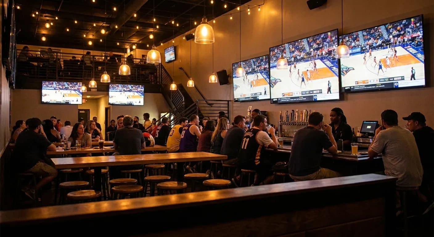 Interior of Watch Me! Sports Bar in Long Beach showing multiple screens, bar seating, and upstairs loft area