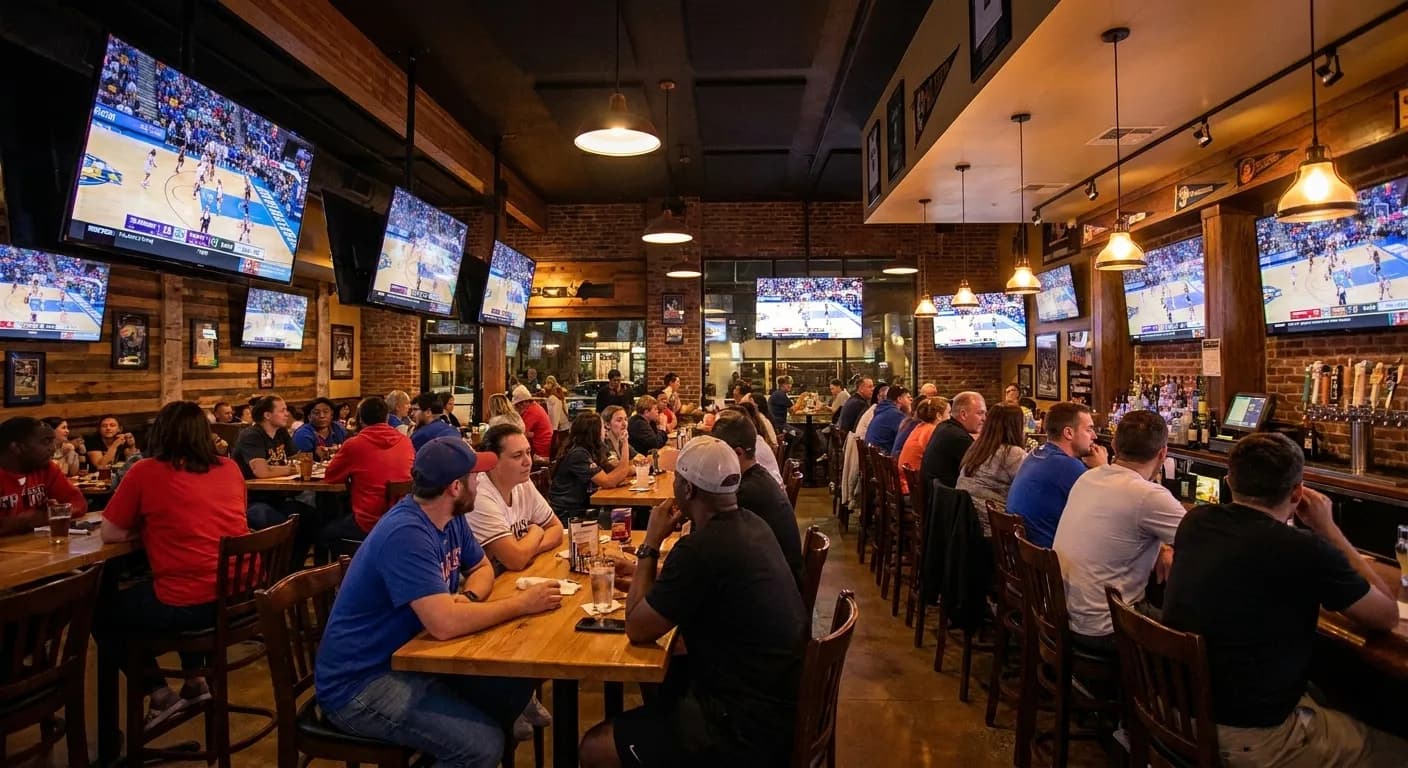 Interior of Watch Me! Sports Bar showing multiple TV screens displaying women's basketball games with patrons watching at tables and the bar