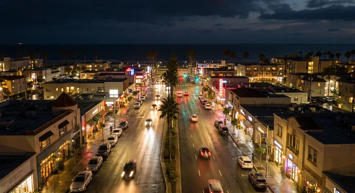 Night exterior view of Pacific Coast Highway in Long Beach with illuminated storefronts and passing traffic