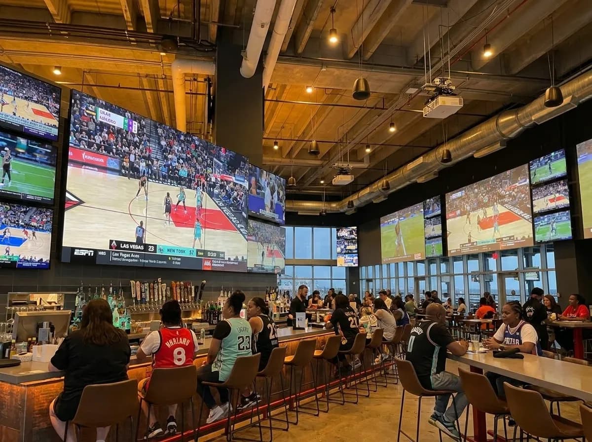 Massive wraparound screens and stadium seating inside Tom's Watch Bar near LA Live