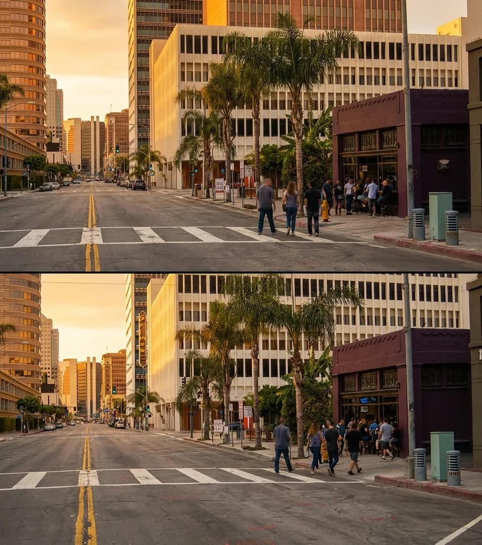 Long Beach downtown street corner near Watch Me! Sports Bar with palm trees and pedestrian crosswalk
