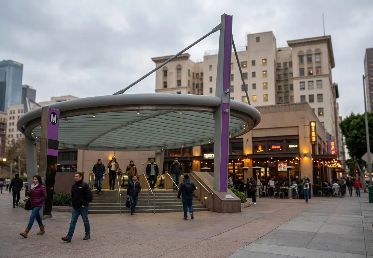 Pershing Square Metro entrance in Downtown Los Angeles with commuters and storefronts nearby