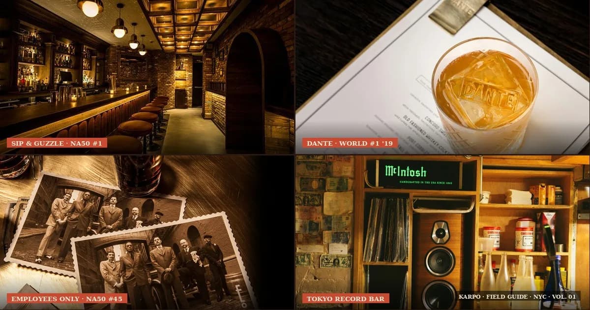 Four NYC West Village cocktail bars in a 2x2 photo collage: Sip & Guzzle, Dante, Employees Only, Tokyo Record Bar.