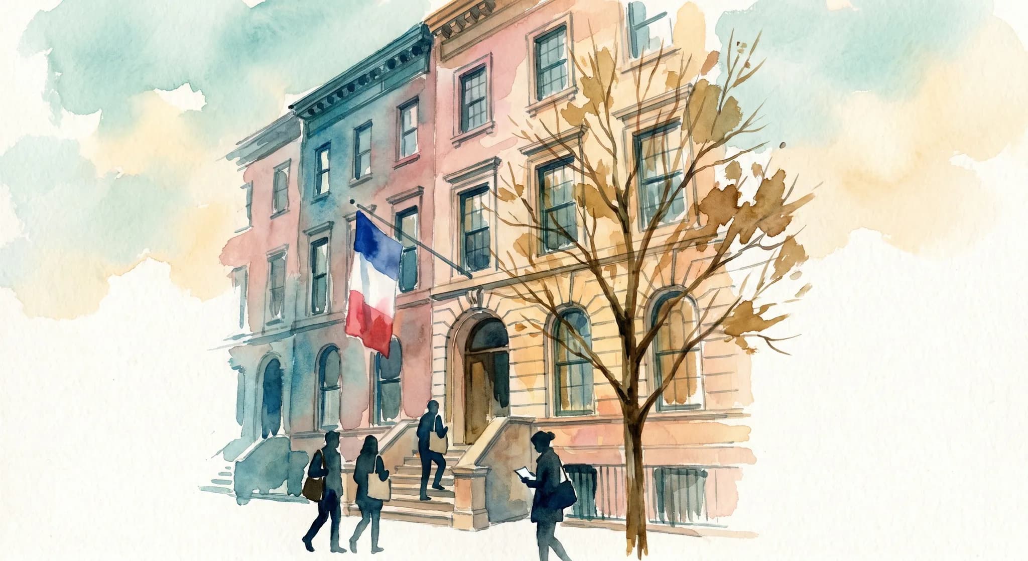 AI-generated watercolor: exterior facade of a French cultural institution townhouse on East 60th Street near Madison Avenue in NYC, a five-story 1920s neo-Federal limestone building with French flag tricolor blue-white-red as a subtle vertical strip rendered impressionistically near the entrance, three or four pedestrians as pure dark silhouettes approaching the steps carrying tote bags and one with a small notebook, the bare branches of a young street tree in the foreground, warm afternoon May light on the limestone, soft brush-stroke spring sky