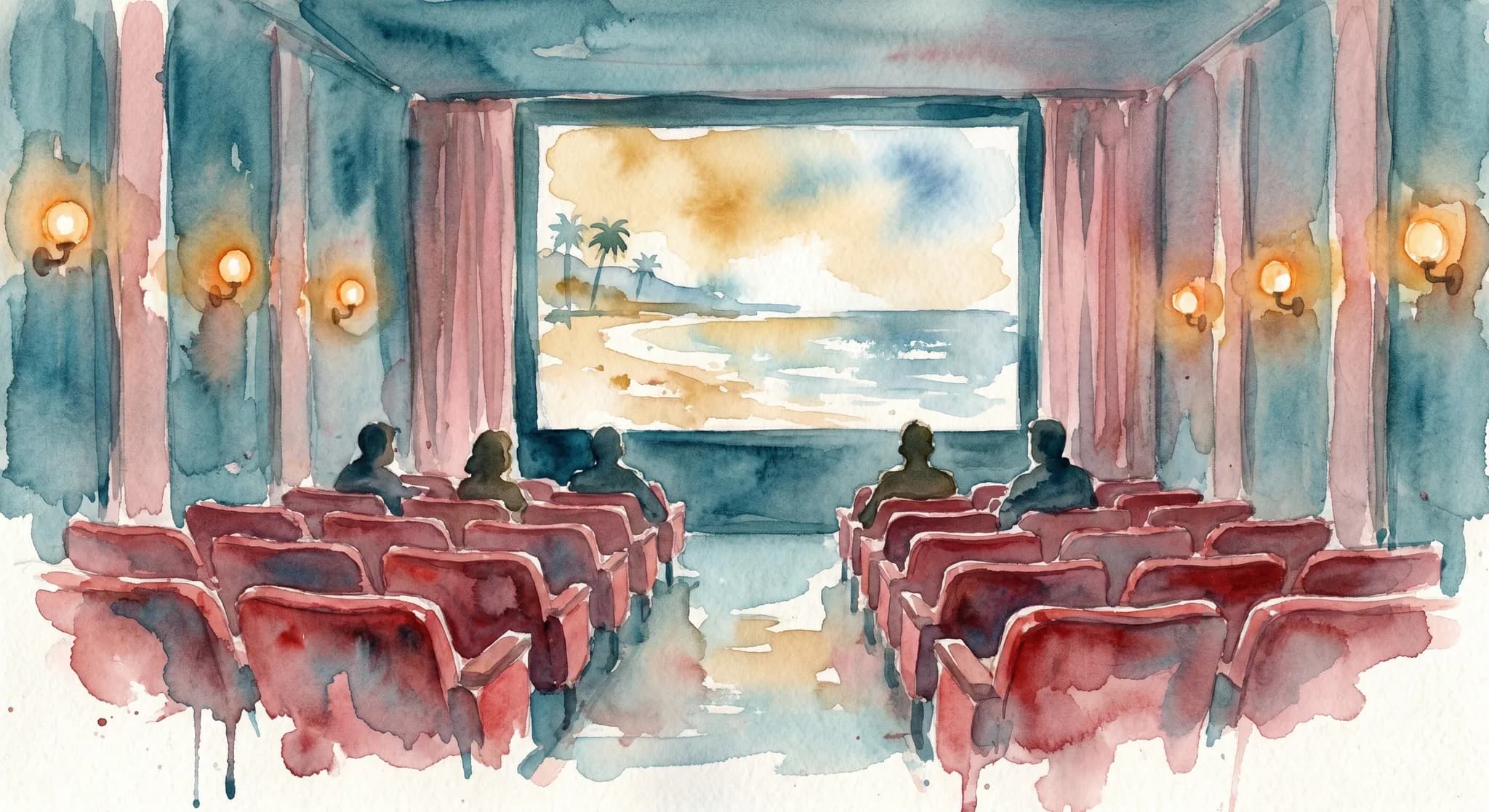 AI-generated watercolor: interior of a small French-style cinema room with red velvet seats arranged in rows rendered impressionistically, the screen showing a soft abstract wash of warm ochre and cobalt suggesting a film projection from the French Riviera, four or five viewers in the audience as pure dark silhouettes, the warm glow of small wall sconces along the side walls, dusty pink curtains framing the screen