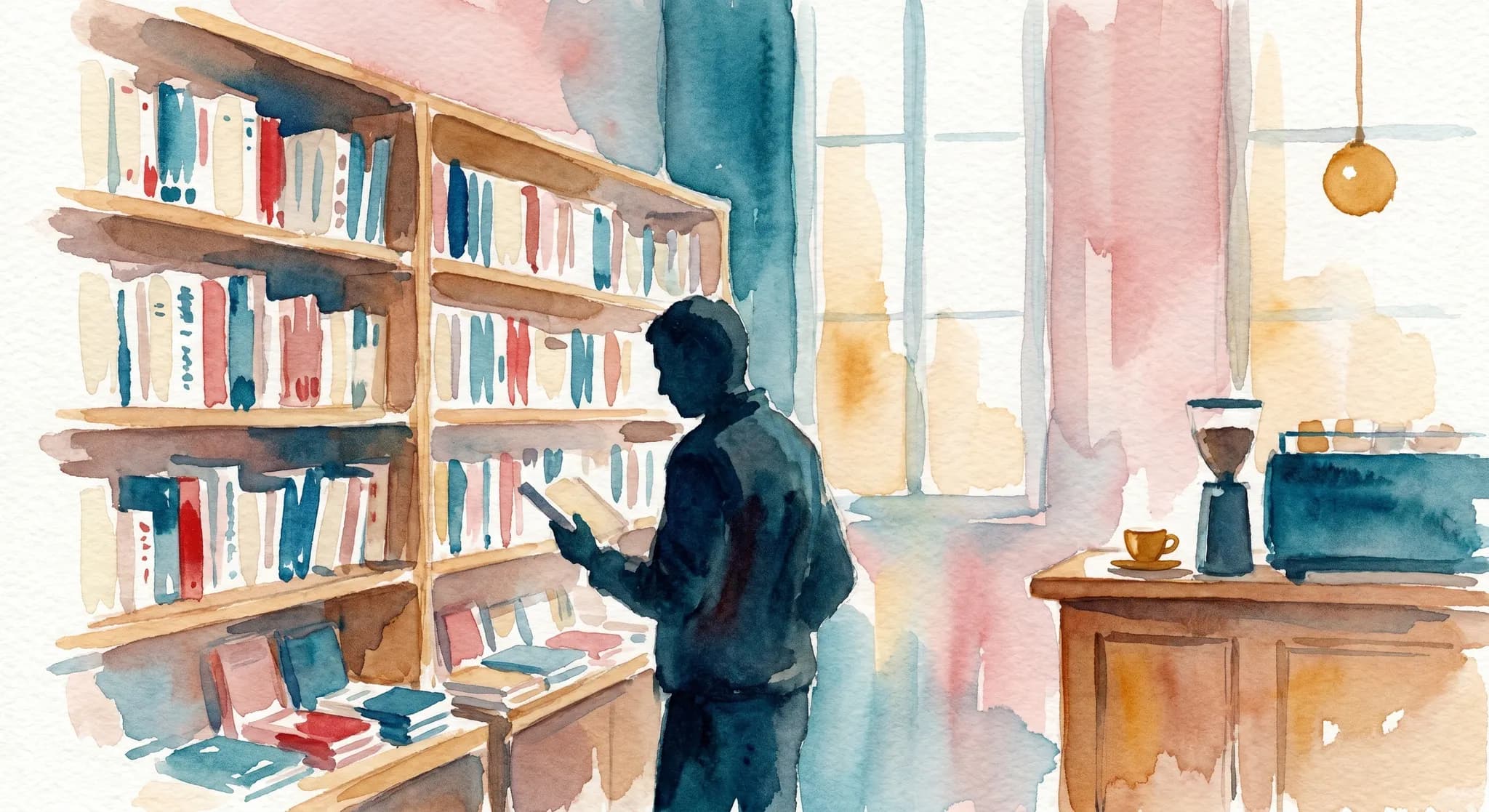 AI-generated watercolor: close-up of a French bookshop and small lobby cafe inside a cultural institute, wooden bookshelves with rows of French paperback books with cream covers and red, blue, and cobalt spines rendered impressionistically as colored marks, a small espresso bar counter to the right with a tiny ochre espresso cup, a single visitor as pure dark silhouette browsing a shelf in three-quarter back view, warm pendant lamp glow as ochre dot, soft afternoon light through a tall window