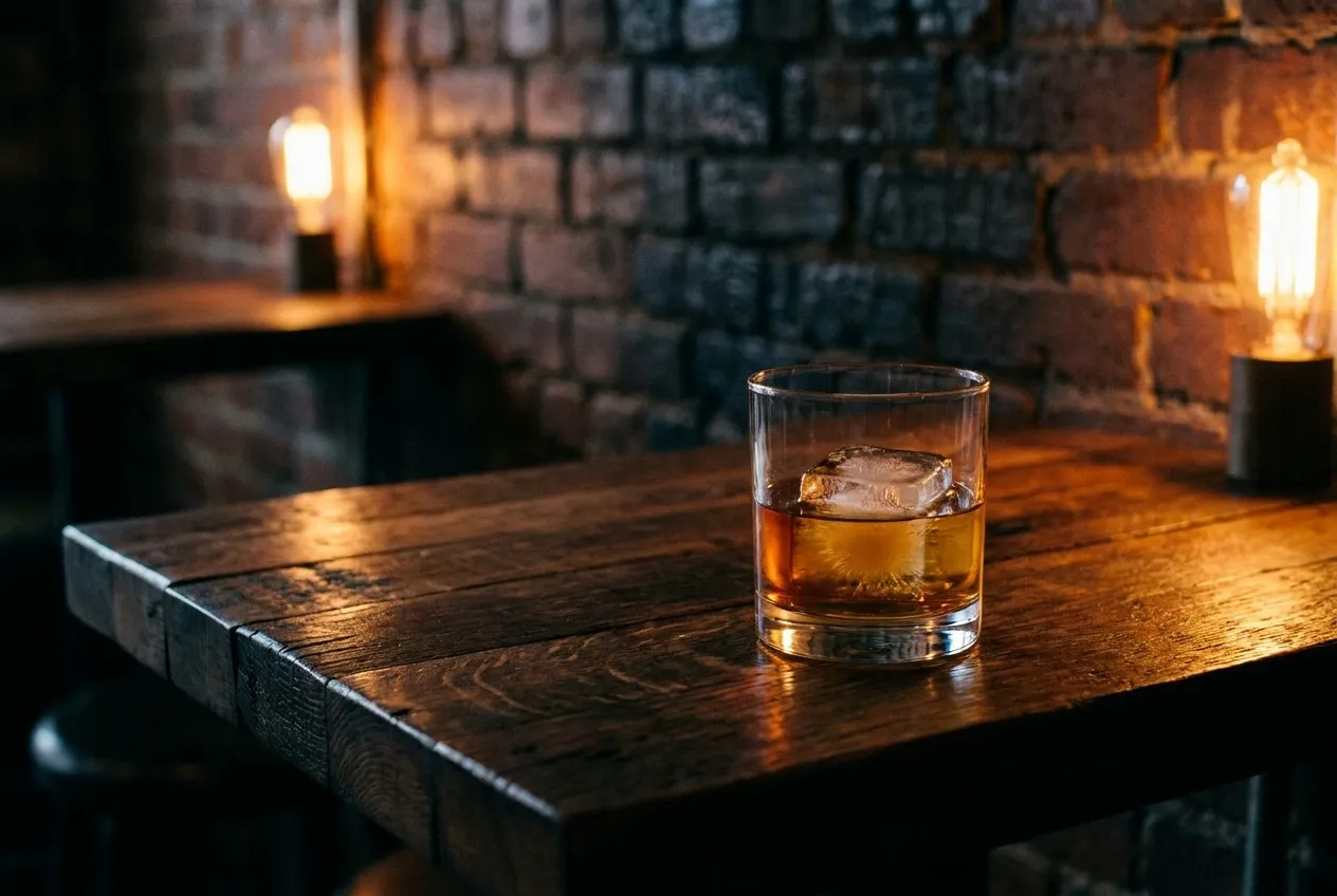 A glass of whiskey on a wooden barrel-stave table in a dimly lit San Francisco bar.