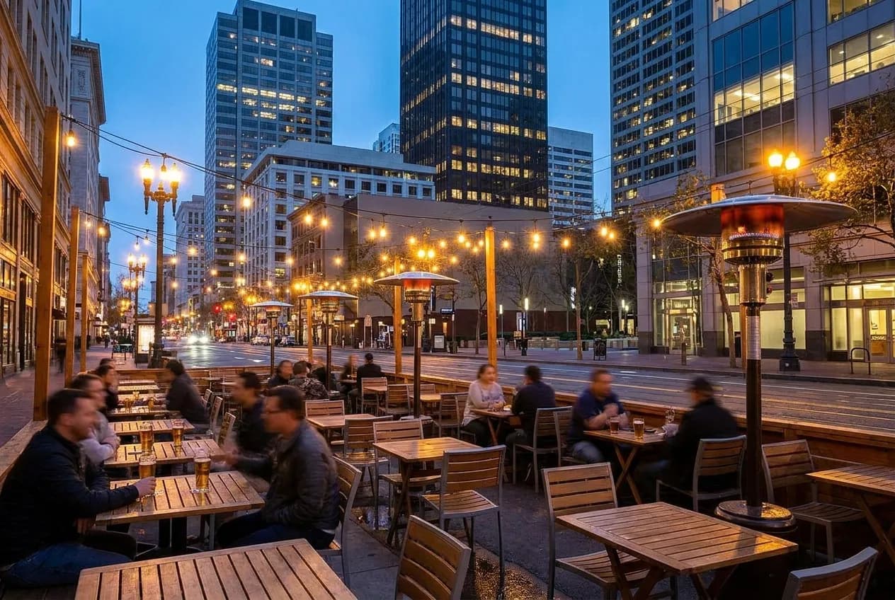 An outdoor parklet bar seating area on Market Street in San Francisco's Financial District at dusk.