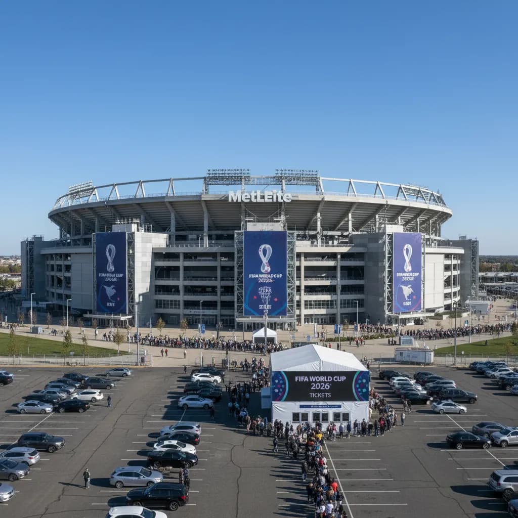 MetLife Stadium with World Cup ticket queues outside